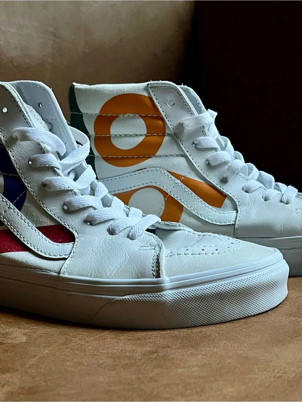 Vans Sk8-Hi Deck Club 66 White Leather High Top Skate Sneakers w/ Bold Graphics